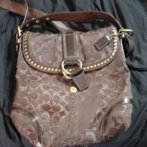 Coach Brown and Gold Shoulder Bag with Signature Monogram